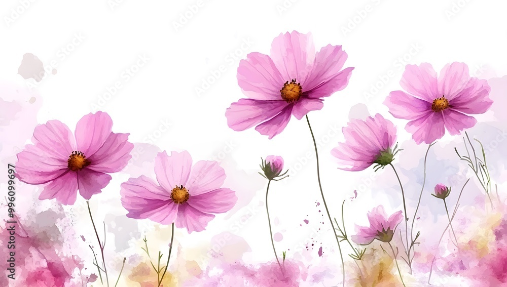 Beautiful pink cosmos flowers with a watercolor painting effect on a white background, Beautiful pink cosmos flowers with a watercolor painting effect on a white background,