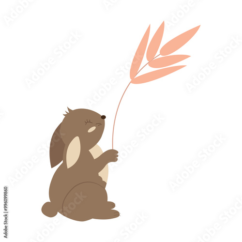 Cute little rabbit, vector image in cartoon style, brown, fluffy, long ears, spike in paws