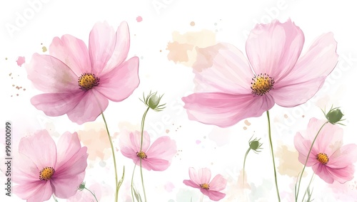 Wallpaper Mural Beautiful pink cosmos flowers with a watercolor painting effect on a white background, Torontodigital.ca