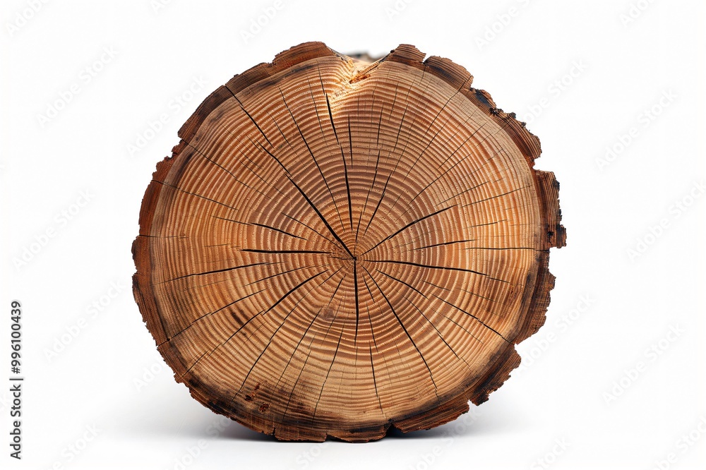 Fototapeta premium Cross section of a tree trunk showing the growth rings is isolated on a white background