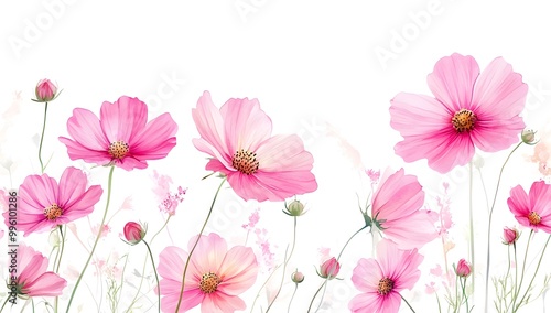 Fototapeta Naklejka Na Ścianę i Meble -  Beautiful pink cosmos flowers with a watercolor painting effect on a white background,