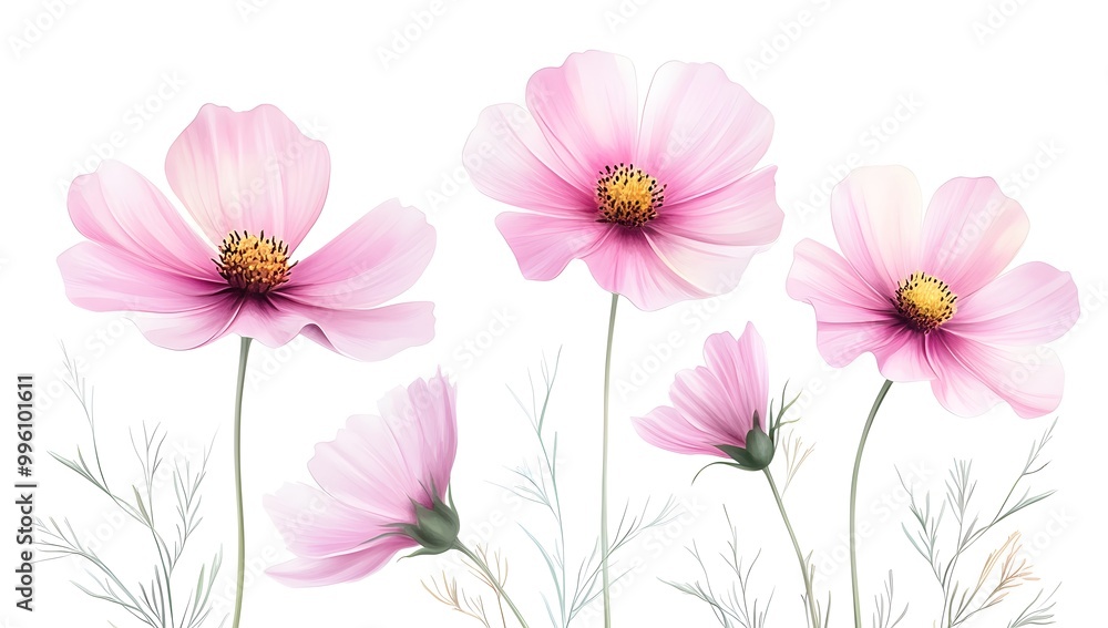 Beautiful pink cosmos flowers with a watercolor painting effect on a white background, Beautiful pink cosmos flowers with a watercolor painting effect on a white background,