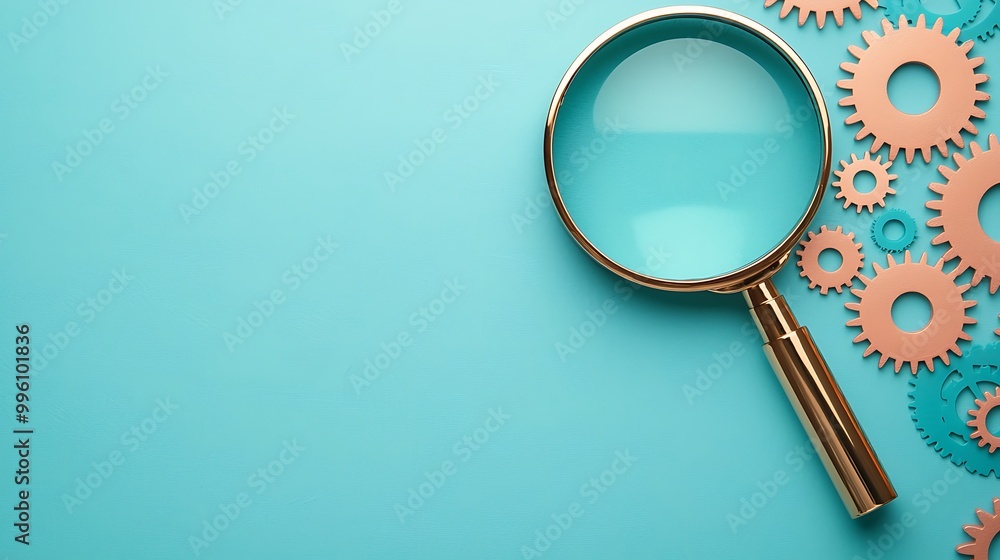 A polished magnifying glass is held above a series of interconnected gears of different sizes, all illuminated by soft ambient lighting. The backdrop is a smooth, pastel gradient, giving a modern A polished magnifying glass is held above a series of interconnected gears of different sizes, all illuminated by soft ambient lighting. The backdrop is a smooth, pastel gradient, giving a modern