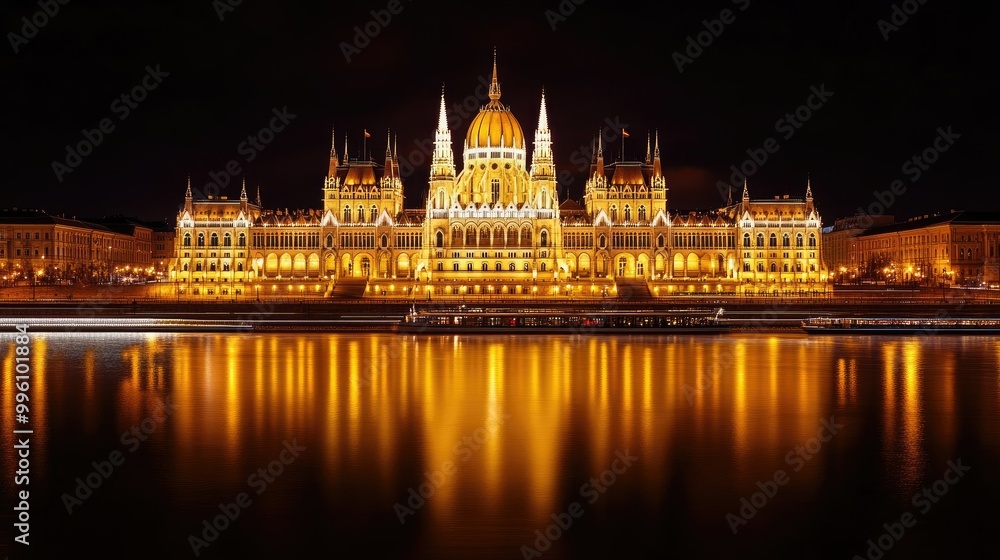 Naklejka premium The Hungarian Parliament building illuminated at night, reflecting beautifully in the Danube River with passing boats in the foreground.
