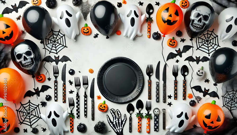 Flat lay of Halloween party supplies like ghost balloons and creepy cutlery with space for greetings. Flat lay of Halloween party supplies like ghost balloons and creepy cutlery with space for greetings.