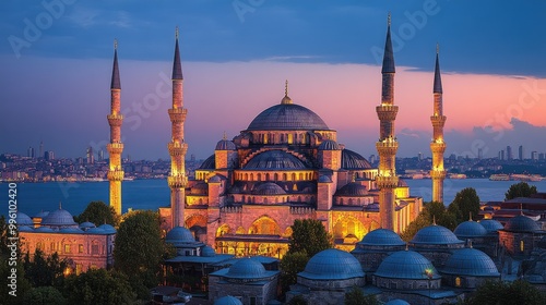 The iconic Blue Mosque bathed in golden light during the blue hour, standing majestically in Istanbuls skyline. photo