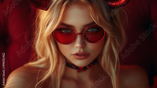 Dark Fantasy Demon Cosplay with Horns and Gothic Aesthetic in Red and Black photo