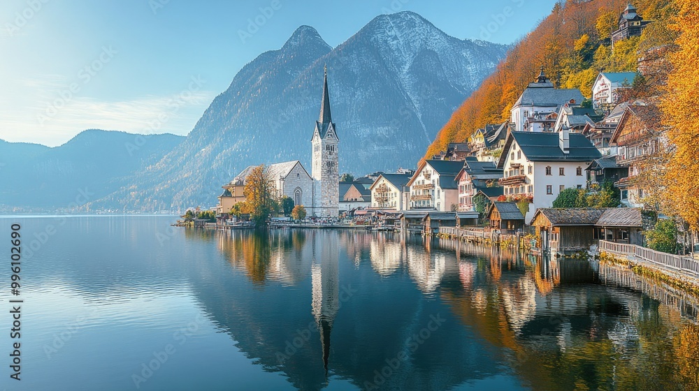 Fototapeta premium The iconic church of Hallstatt, with its pointed spire rising above the village and reflected in the still waters of the lake.