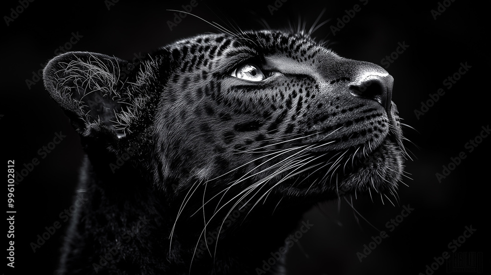 Obraz premium Leopard in profile on a dark background, high contrast, black and white photography