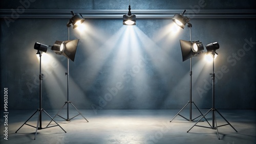 Professional lighting equipment is illuminating an empty photo studio with a concrete wall