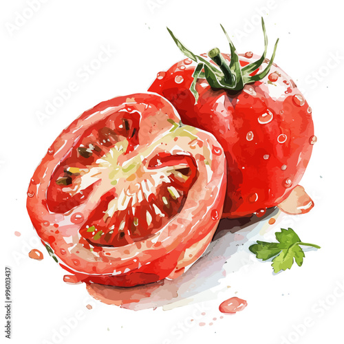 watercolor sliced tomato and water drops and parsley sprig and leaves painting isolated on white, illustration of tomatoes on watercolor style painting, PNG format