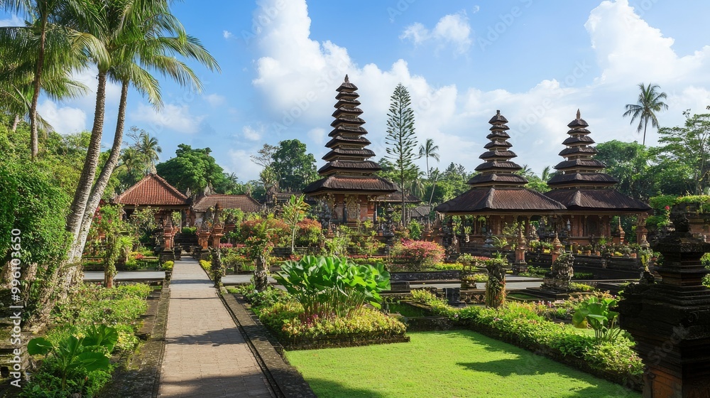 The lush gardens and palm trees surrounding Pura Taman Ayun, with the temple pagodas rising gracefully in the background. The lush gardens and palm trees surrounding Pura Taman Ayun, with the temple pagodas rising gracefully in the background.