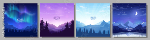 Collection of mountain landscapes. Aurora Borealis, sunrise in the mountains, night scene. Design for travel banners, covers, greeting cards. Vector image.