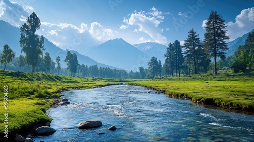 The lush meadows of Pahalgam in Kashmir, with a crystal-clear river flowing through and the majestic Himalayas in the background.