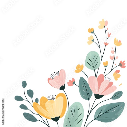 Colorful illustration of flowers and leaves with white background, clip art, pastel colors, simple design, simple flat design