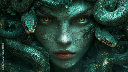 Medusa with snakes in her hair, featuring green and red colors against a dark background. Fantasy art style