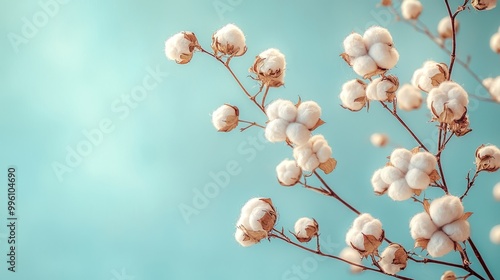 Close-up of cotton plant with fluffy white balls against blue background