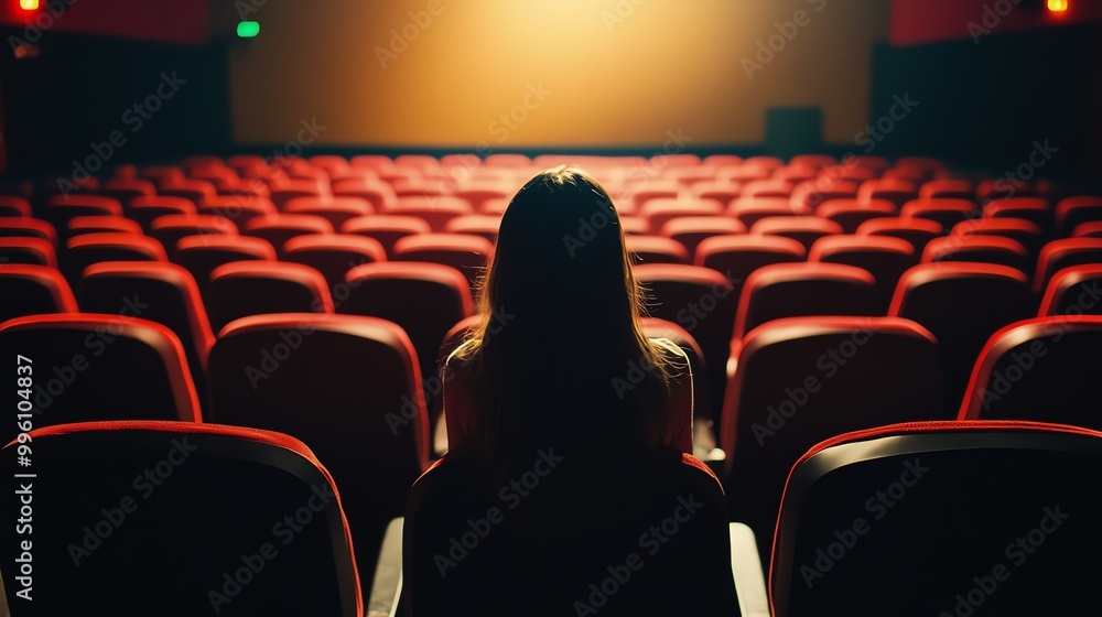 Fototapeta premium A woman sits alone in a movie theater.