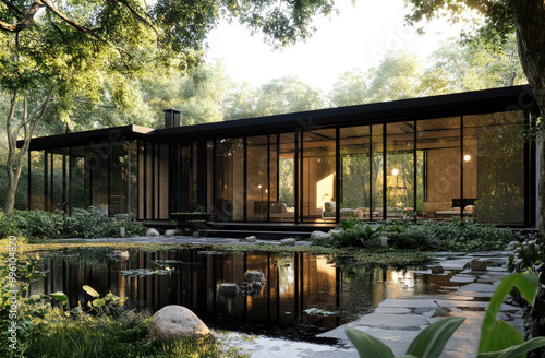 A modern glass house with black steel frames, surrounded by lush greenery and reflecting the surrounding nature. The structure is designed to capture natural light through large windows