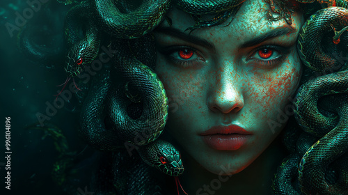 Medusa with snakes in her hair, featuring green and red colors against a dark background. Fantasy art style