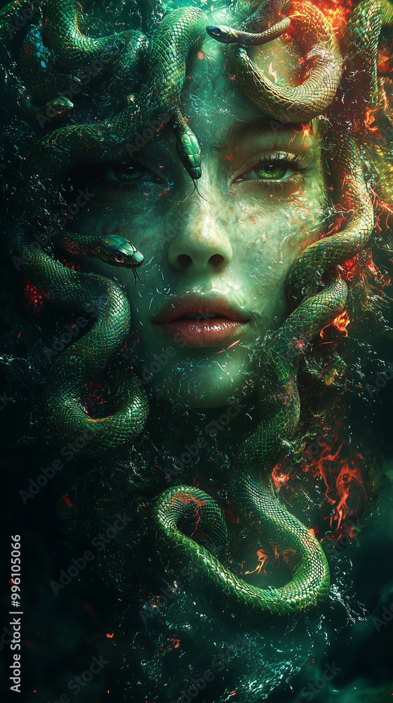 Medusa with snakes in her hair, featuring green and red colors against a dark background. Fantasy art style Medusa with snakes in her hair, featuring green and red colors against a dark background. Fantasy art style
