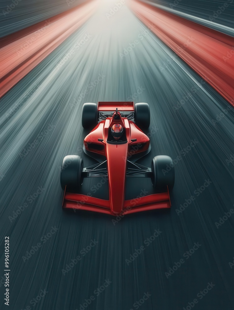 High-speed red race car in motion, captured from an aerial perspective ...
