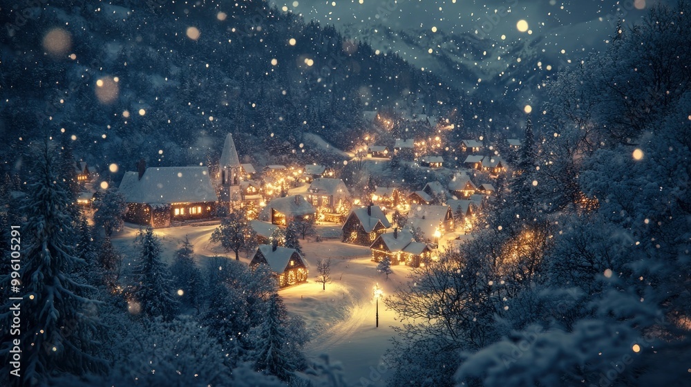 A small village nestled in a snowy valley, with holiday decorations lighting up the night and snow falling softly from the sky. A small village nestled in a snowy valley, with holiday decorations lighting up the night and snow falling softly from the sky.