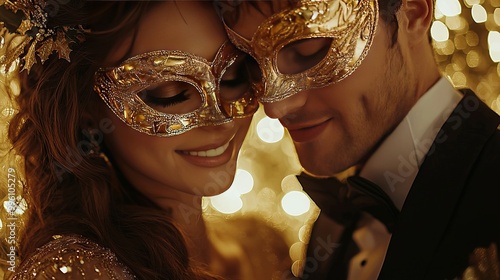 Elegant couple wearing golden masquerade masks at a party photo