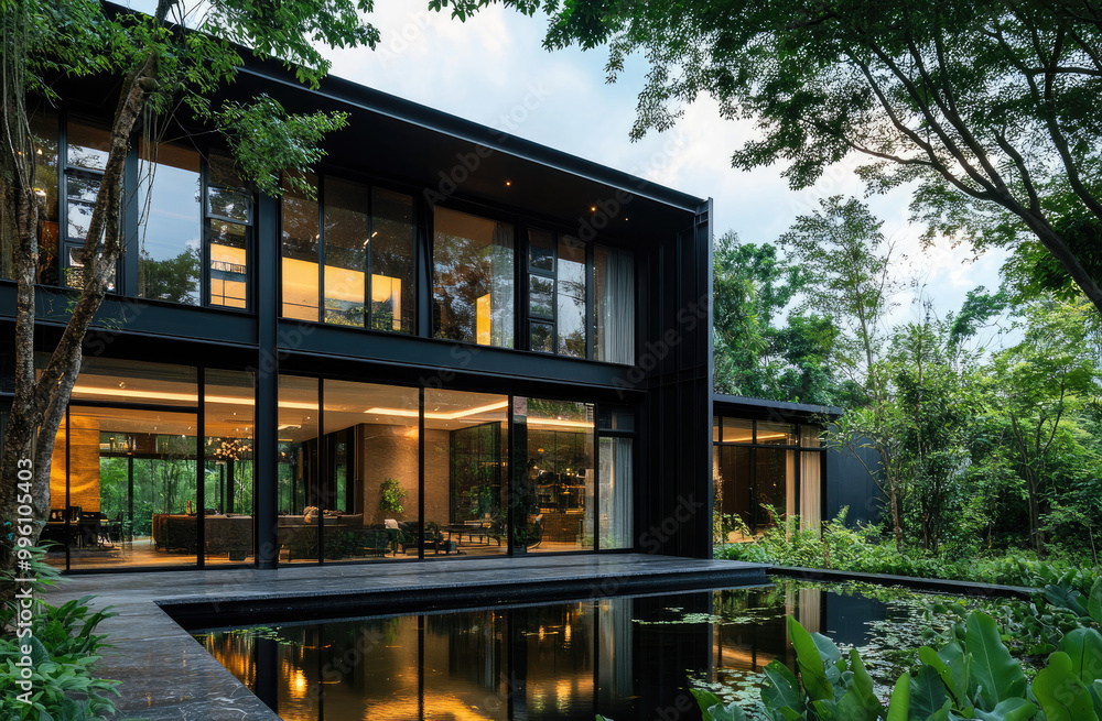 A modern house with large glass windows, surrounded by lush greenery and reflecting the sunlight. A modern house with large glass windows, surrounded by lush greenery and reflecting the sunlight.