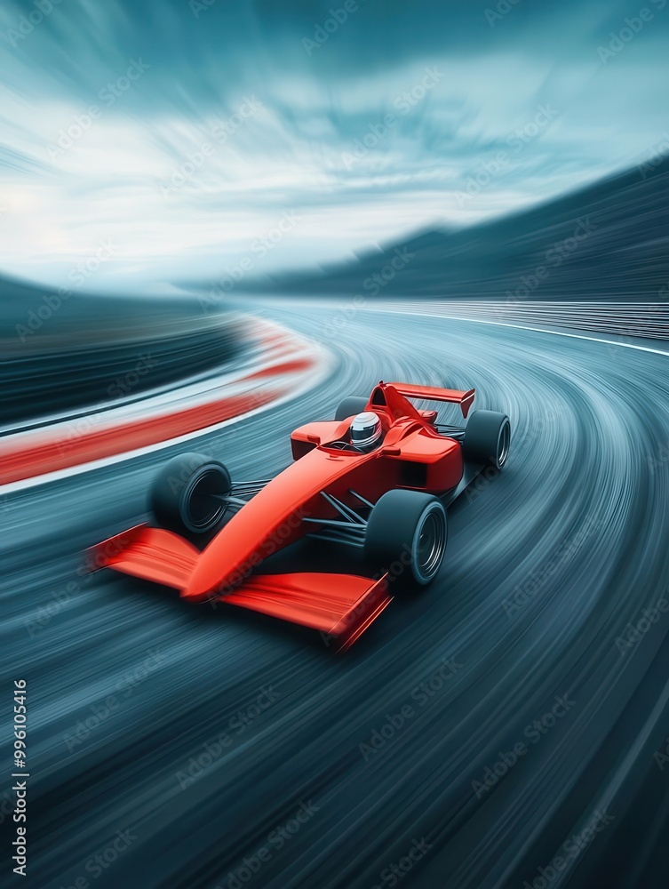 High-speed red race car in motion, captured from an aerial perspective ...
