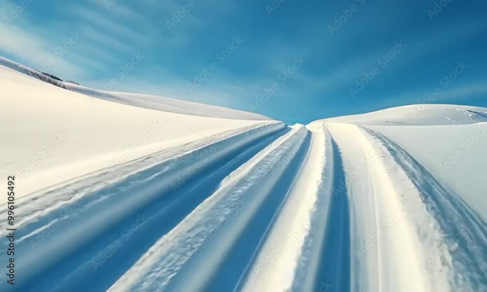 Pristine Snow-Covered Landscape with Ski Tracks Under Bright Blue Sky. Pristine Snow-Covered Landscape with Ski Tracks Under Bright Blue Sky.