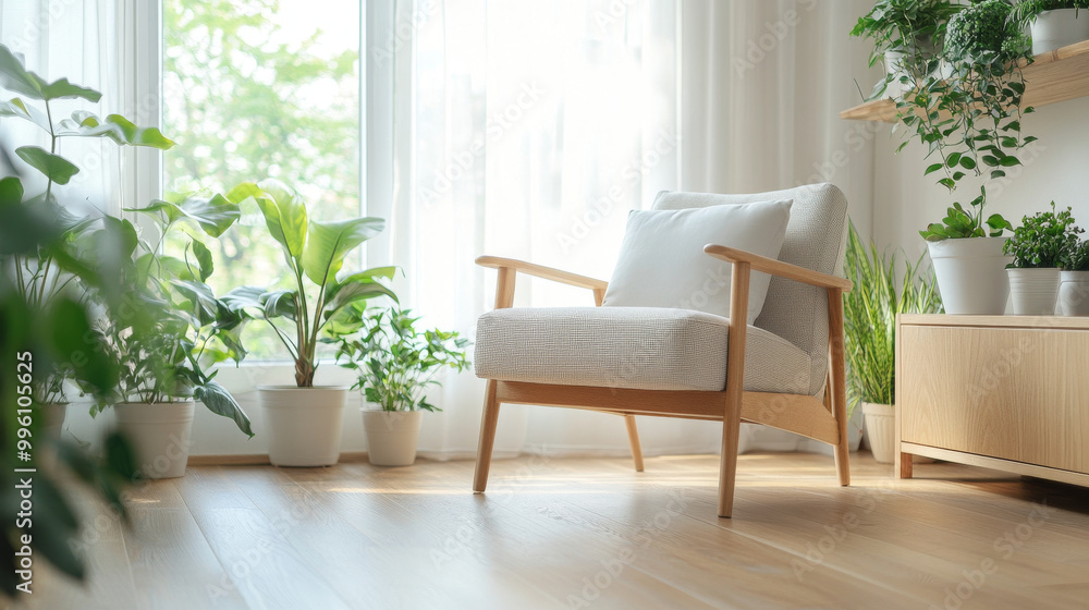 A cozy living space featuring light colored armchair surrounded by lush green plants and natural light streaming through large windows. serene atmosphere invites relaxation and comfort A cozy living space featuring light colored armchair surrounded by lush green plants and natural light streaming through large windows. serene atmosphere invites relaxation and comfort