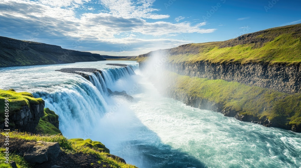 The mighty Gullfoss waterfall in Iceland, framed by green hills and rugged cliffs, as the water cascades into the dramatic gorge below. The mighty Gullfoss waterfall in Iceland, framed by green hills and rugged cliffs, as the water cascades into the dramatic gorge below.