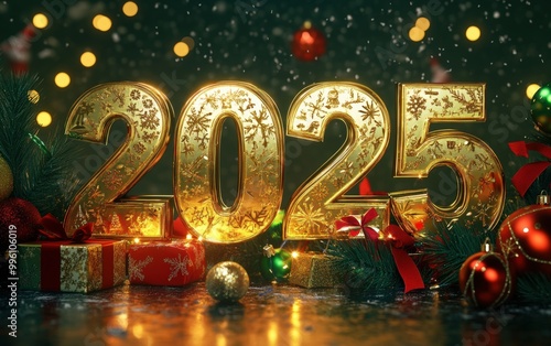 Large "2025" digits made of golden metal, glowing under the reflection of festive lights. The surface of each digit is polished to a mirror shine, with intricate patterns of snowflakes 