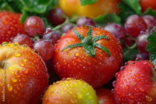 closeup macro shot assorted fruits vegetables each detailed with texture color Tomatoes glisten with alongside shiny apples grapes leafy greens background softly blurred highlight freshness vibrancy p photo