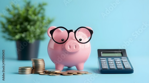 Piggy bank wearing a glasses with a calculator and coins nearby