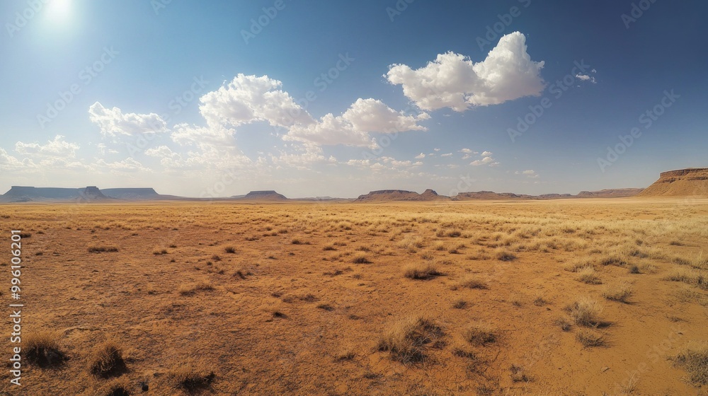 Desert Landscape with Flat-topped Mountains under a Blue Sky with Clouds Desert Landscape with Flat-topped Mountains under a Blue Sky with Clouds