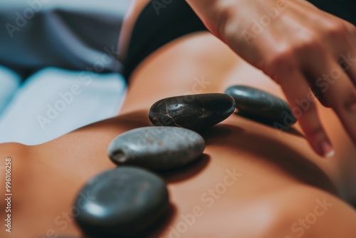 Hot Stone Massage Therapy with Stones Aligned on Back
 photo