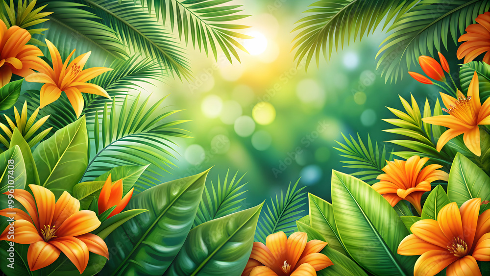 Fototapeta premium Vibrant orange flowers and lush green tropical leaves in a vibrant summer scene , vibrant, orange, flowers, bloom, tropical, leaves