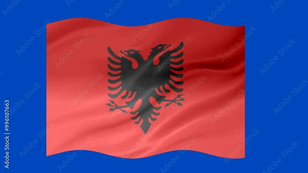 Albania waving flag with 3d glowing shade isolated on blue background Albania waving flag with 3d glowing shade isolated on blue background