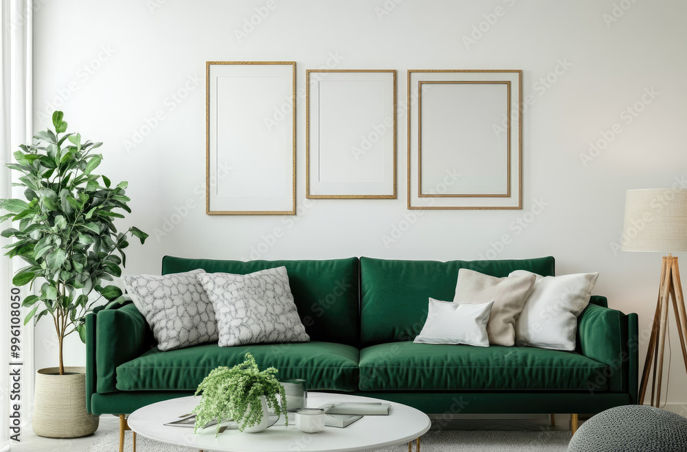 Fototapeta premium A modern living room with an emerald green sofa, white walls, and frames on the wall. A plant in front of it adds to its fresh atmosphere. The space is well-lit by floor lamps, creating an inviting am