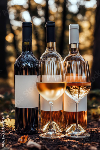 Wine bottles and glasses outdoors with autumn sunset photo