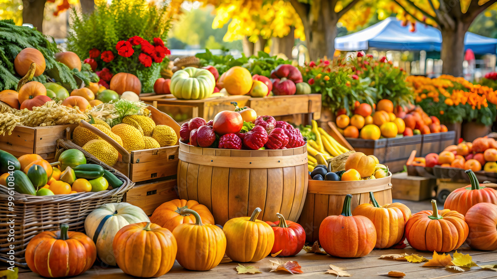 Bustling farmer's market full of pumpkins, apples, fall produce, and colorful leaves, autumn, farmer's market, pumpkins, apples Bustling farmer's market full of pumpkins, apples, fall produce, and colorful leaves, autumn, farmer's market, pumpkins, apples
