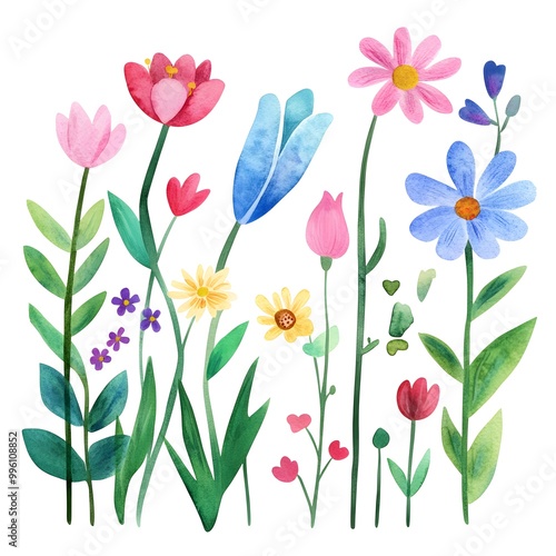 Cute spring flowers, clipart, watercolor illustration, simple clean line art, white background, colorful,