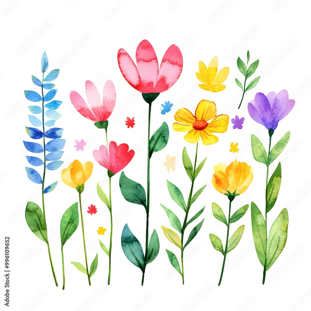 Cute spring flowers, clipart, watercolor illustration, simple clean line art, white background, colorful, Cute spring flowers, clipart, watercolor illustration, simple clean line art, white background, colorful,