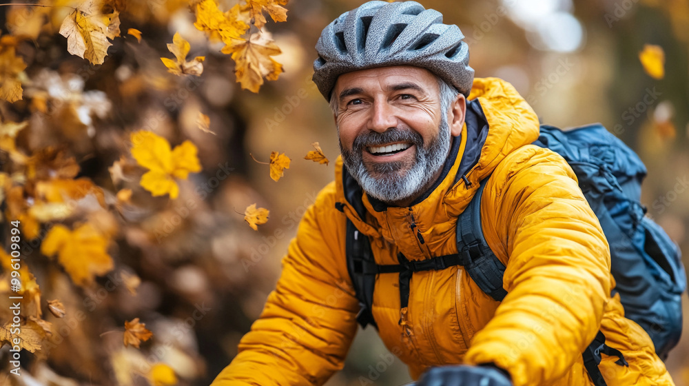 A joyful man cycling through a scenic autumn landscape, surrounded by vibrant yellow leaves and natural beauty. A joyful man cycling through a scenic autumn landscape, surrounded by vibrant yellow leaves and natural beauty.