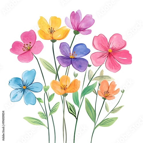 Wallpaper Mural Cute spring flowers, clipart, watercolor illustration, simple clean line art, white background, colorful, Torontodigital.ca