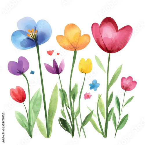 Cute spring flowers, clipart, watercolor illustration, simple clean line art, white background, colorful,