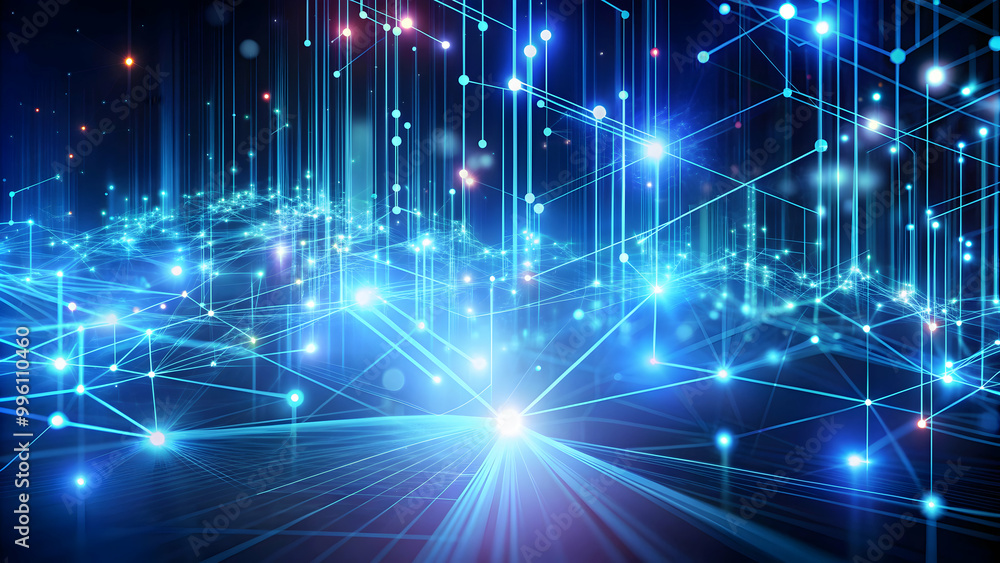 Obraz premium Glowing glossy data lines and nodes creating an abstract tech background in motion, abstract, technology, background