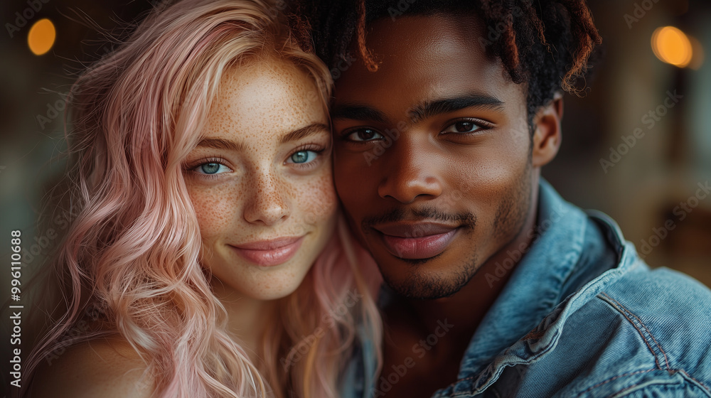 Modern young family. Man in a denim jacket hugs a wife with pink hair Modern young family. Man in a denim jacket hugs a wife with pink hair